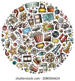 Colorful vector hand drawn set of Cinema cartoon doodle objects, symbols and items. Round composition