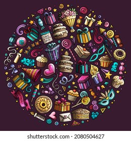 Colorful vector hand drawn set of Holidays cartoon doodle objects, symbols and items. Round composition