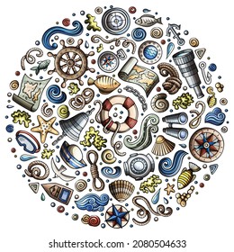 Colorful vector hand drawn set of Marine, Nautical cartoon doodle objects, symbols and items. Round form composition