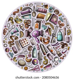 Farbige, handgezeichnete Vektorgrafik von Hair-Salon-Karikaturen doodle Objekte, Symbole und Gegenstände. Round-Zusammensetzung