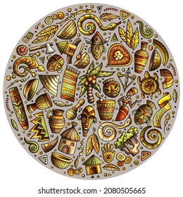 Colorful vector hand drawn set of Africa cartoon doodle objects, symbols and items. Round composition