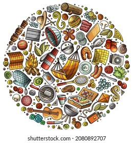 Colorful vector hand drawn set of Picnic cartoon doodle objects, symbols and items. Round composition
