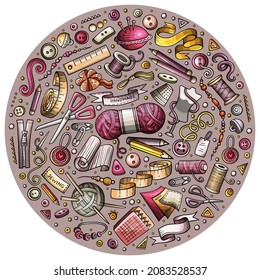 Colorful vector hand drawn set of Handmade cartoon doodle objects, symbols and items. Round composition
