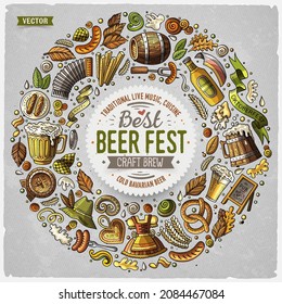 Colorful vector hand drawn set of Beer fest cartoon doodle objects, symbols and items. Round frame composition