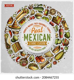 Colorful vector hand drawn set of Mexican food cartoon doodle objects, symbols and items. Round frame composition