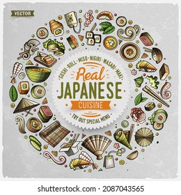 Colorful vector hand drawn set of Japanese food cartoon doodle objects, symbols and items. Round frame composition