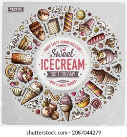 Colorful vector hand drawn set of Ice Cream cartoon doodle objects, symbols and items. Round frame composition