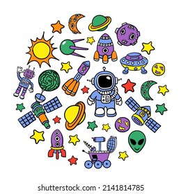 Colorful vector hand drawn set of space cartoon doodle objects, Space ship, planet, moon, astronaut. Cosmos icons.