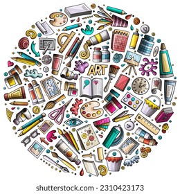 Colorful vector hand drawn set of Art cartoon doodle objects, symbols and items. Round composition