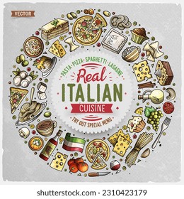 Colorful vector hand drawn set of Italian food cartoon doodle objects, symbols and items. Round frame composition