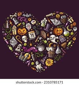 Colorful vector hand drawn set of Halloween cartoon doodle objects, symbols and items. Heart form composition