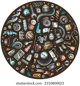 Colorful vector hand drawn set of Automotive cartoon doodle objects, symbols and items. Round composition