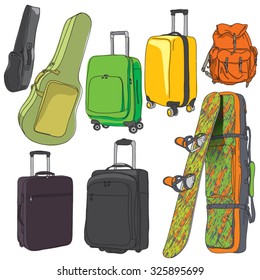 Colorful vector hand drawn set of different travel bags and suitcases