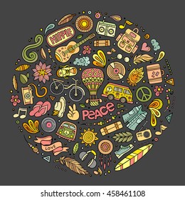 Colorful vector hand drawn set of Hippie cartoon doodle objects, symbols and items. Round composition