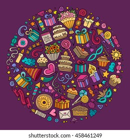 Colorful vector hand drawn set of Holidays cartoon doodle objects, symbols and items. Round composition