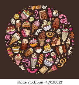 Colorful vector hand drawn set of Ice Cream cartoon doodle objects, symbols and items. Round composition