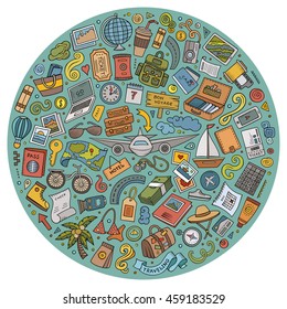 Colorful vector hand drawn set of Travel cartoon doodle objects, symbols and items. Round composition