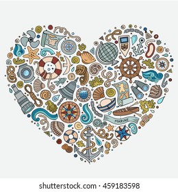 Colorful vector hand drawn set of Marine, Nautical cartoon doodle objects, symbols and items. Heart form composition