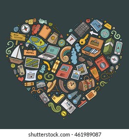 Colorful vector hand drawn set of Travel cartoon doodle objects, symbols and items. Heart composition