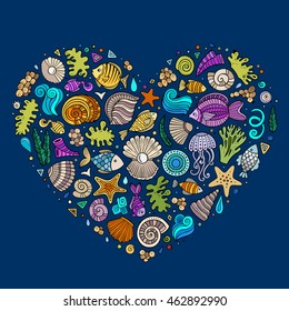 Colorful vector hand drawn set of Underwater life cartoon doodle objects, symbols and items. Heart form composition