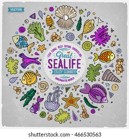 Colorful vector hand drawn set of Sea life cartoon doodle objects, symbols and items. Round frame composition