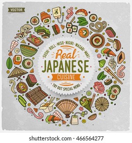 Colorful vector hand drawn set of Japanese food cartoon doodle objects, symbols and items. Round frame composition