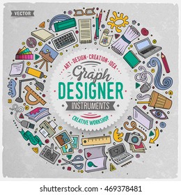 Colorful vector hand drawn set of Design cartoon doodle objects, symbols and items. Round frame composition