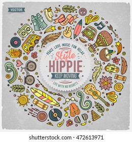 Colorful vector hand drawn set of Hippie cartoon doodle objects, symbols and items. Round frame composition