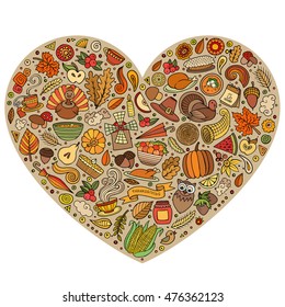 Colorful vector hand drawn set of Thanksgiving cartoon doodle objects, symbols and items. Heart form composition