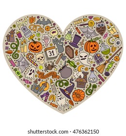 Colorful vector hand drawn set of Halloween cartoon doodle objects, symbols and items. Heart form composition