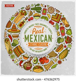 Colorful vector hand drawn set of Mexican food cartoon doodle objects, symbols and items. Round frame composition