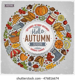 Colorful vector hand drawn set of Autumn cartoon doodle objects, symbols and items. Round frame composition