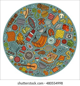 Colorful vector hand drawn set of Picnic cartoon doodle objects, symbols and items. Round composition