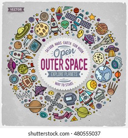 Colorful vector hand drawn set of space cartoon doodle objects, symbols and items. Round frame composition