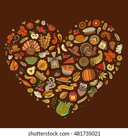 Colorful vector hand drawn set of Thanksgiving cartoon doodle objects, symbols and items. Heart form composition