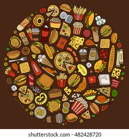 Colorful vector hand drawn set of Fast food cartoon doodle objects, symbols and items. Round composition