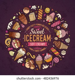 Colorful vector hand drawn set of Ice Cream cartoon doodle objects, symbols and items. Round frame composition