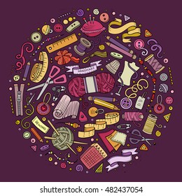 Colorful vector hand drawn set of Hand Made cartoon doodle objects, symbols and items. Round composition