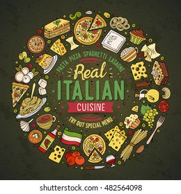 Colorful vector hand drawn set of Italian food cartoon doodle objects, symbols and items. Round frame composition