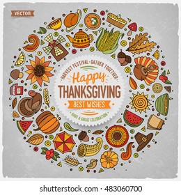 Colorful vector hand drawn set of Thanksgiving cartoon doodle objects, symbols and items. Round frame composition