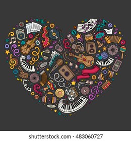 Colorful vector hand drawn set of Music cartoon doodle objects, symbols and items. Heart form composition