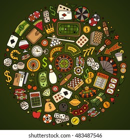 Colorful vector hand drawn set of Casino cartoon doodle objects, symbols and items. Round composition