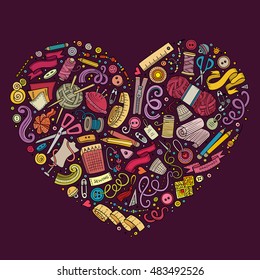 Colorful vector hand drawn set of Handmade cartoon doodle objects, symbols and items. Heart form composition