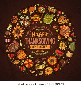 Colorful vector hand drawn set of Thanksgiving cartoon doodle objects, symbols and items. Round frame composition