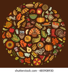 Colorful vector hand drawn set of Thanksgiving cartoon doodle objects, symbols and items. Round composition