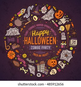 Colorful vector hand drawn set of Halloween cartoon doodle objects, symbols and items. Round frame composition