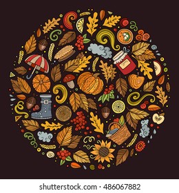 Colorful vector hand drawn set of Autumn cartoon doodle objects, symbols and items. Round composition