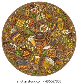 Colorful vector hand drawn set of Beer fest cartoon doodle objects, symbols and items. Round form composition