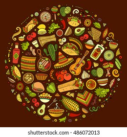 Colorful vector hand drawn set of Mexican food cartoon doodle objects, symbols and items. Round composition