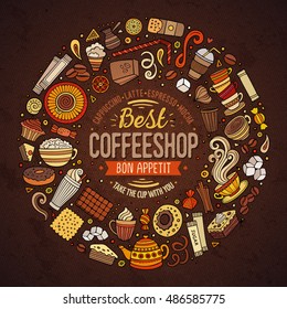 Colorful vector hand drawn set of Coffee cartoon doodle objects, symbols and items. Round frame composition